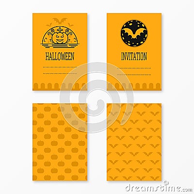 Happy halloween invitations set templates with bats, moon, pumkin, cross, candies . Vector Illustration