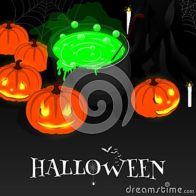 Happy halloween isometric cauldron pumkin Vector Illustration
