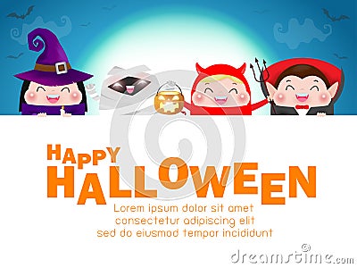 Happy Halloween Kids Costume Party. Group of children in Halloween cosplay with big signboard. Template for advertising brochure. Vector Illustration