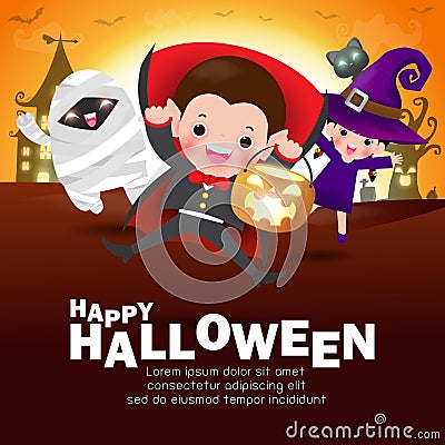 Happy Halloween Kids Costume Party. Group of children in Halloween cosplay. Template for advertising brochure. Vector Illustration