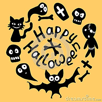 Happy Halloween-lettering and round frame with holiday characters-cat, zombie, bones, skulls, bat, ghosts. Festive border, Stock Photo