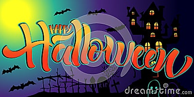 Happy Halloween lettering, vector illustration. Hand drawn text, ghost, skull, pumpkin, grave Vector Illustration