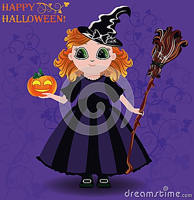 Happy Halloween. Little girl witch and pumpkin card Vector Illustration