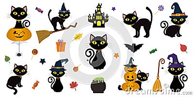 Happy Halloween. Mega set of black cat with yellow eyes in different poses with a pumpkin, on a broomstick, in a hat of a witch an Vector Illustration