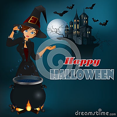 Happy Halloween message, graphic background with witch and moonlight scene Vector Illustration