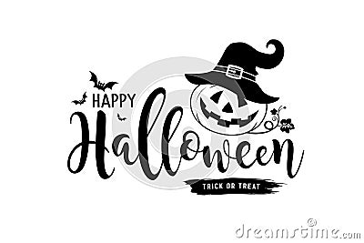 Happy halloween message vector pumpkin and hat with bat design Vector Illustration