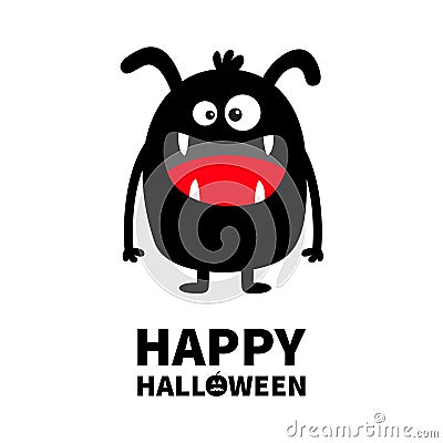 Happy Halloween. Monster black silhouette. Cute cartoon kawaii scary funny character. Baby collection. Crazy eyes, fang tooth Vector Illustration