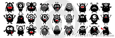 Happy Halloween. Monster black silhouette super big icon set. Cute cartoon kawaii scary funny baby character. Eyes, tooth fang, Vector Illustration