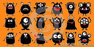 Happy Halloween. Monster black silhouette super big icon set. Eyes, tongue, tooth fang, hands up. Cute cartoon kawaii scary funny Vector Illustration