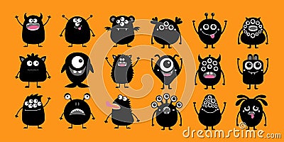 Happy Halloween. Monster icon set. Cute kawaii cartoon black scary character. Funny baby collection. Eyes, horns, tongue, hands, Vector Illustration