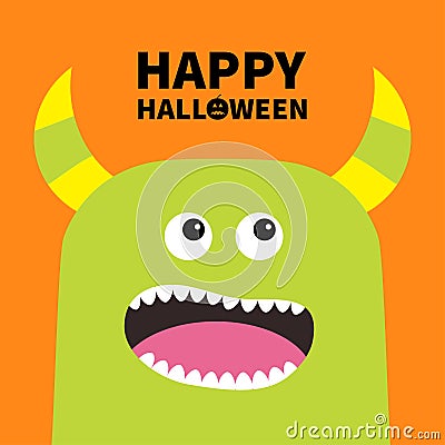 Happy Halloween. Monster scary screaming face head icon. Eyes, horns, fang tooth. Cute cartoon boo spooky character. Orange silhou Vector Illustration
