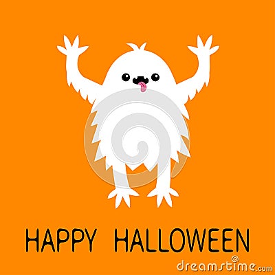 Happy Halloween. Monster screaming spooky fluffy silhouette. Eyes, tongue, teeth, hands up. Yeti bigfoot fur. White Funny Cute Vector Illustration