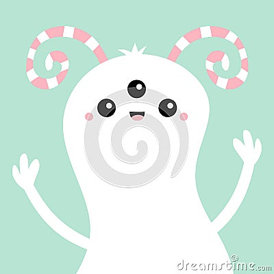 Happy Halloween. Monster white pink silhouette. Cute cartoon kawaii scary character icon. Eyes, striped horns, hands up boo. Funny Vector Illustration