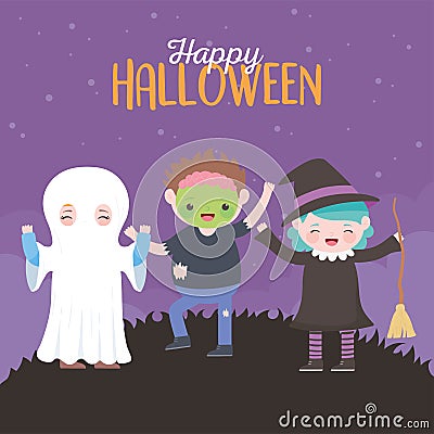 Happy halloween, mummy witch zombie kids costume character, trick or treat party celebration Vector Illustration