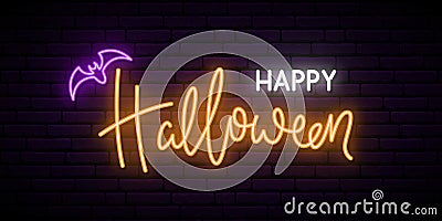 Happy Halloween neon sign board. Vector Illustration