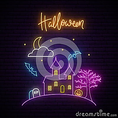 Happy Halloween neon signboard. Vector Illustration