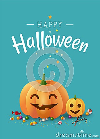 Happy Halloween nice greeting card with two happy smiling cute pumpkins and candies. - Vector illustration Vector Illustration