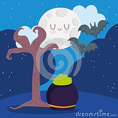 Happy halloween, night cauldron spell tree bats and moon trick or treat party celebration Vector Illustration