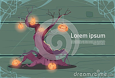 Happy Halloween Party Banner Pumpkins Hanging On Tree Traditional Decoration Holiday Greeting Card Vector Illustration