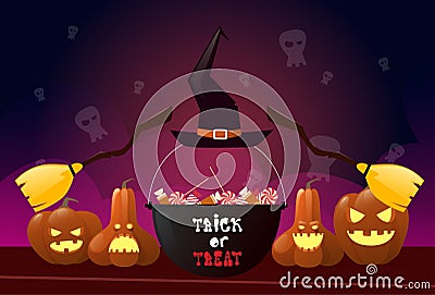 Happy Halloween Party Banner Pumpkins With Witch Broom Vector Illustration