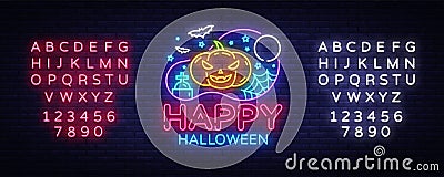 Happy Halloween Party design template vector. Halloween greeting card, Light banner, neon style, night bright Vector Illustration