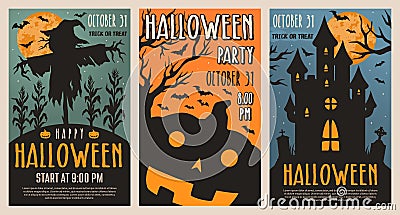 Halloween party colorful set posters Vector Illustration