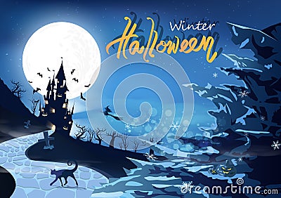 Happy halloween party, winter snowflakes falling concept, mystic castle silhouette fantasy with ice mountains, magic and miracle Vector Illustration