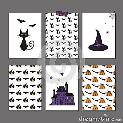 Set of 6 cute vector Halloween cards and patterns Cartoon Illustration