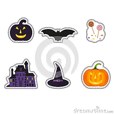 Happy Halloween patch badges with ghost, pumpkin, bat, cat, cand Cartoon Illustration