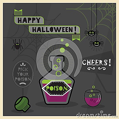 Happy Halloween - Pick your poison spooky dark cartoon card Vector Illustration