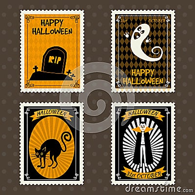 Happy Halloween Postage Stamps with ghost, Vampire, black cat grave, cemetery, halloween cartoon symbol. Vector isolated Vector Illustration