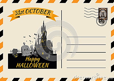 Happy Halloween Postcard invitation Dark Castle Cemetery template with Postage Stamp background design. Vector isolated Vector Illustration
