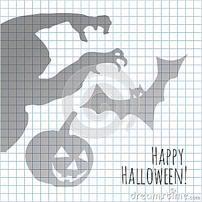 Happy Halloween postcard with monster pumpkin and bat shadows on a checkered paper background. Vector Illustration