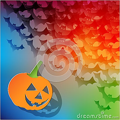 Happy Halloween postcard with pumpkin and bats in the corner on a rainbow background. Vector Illustration