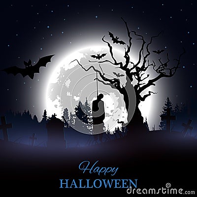 Happy Halloween poster. Background with spooky graveyard, naked tree, graves, bats and hanged man silhouette Vector Illustration