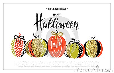 Happy Halloween. Poster with cute glamorous sparkling pumpkin. Vector illustration. Design for greeting cards Vector Illustration