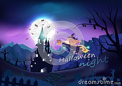 Happy halloween poster, cute witch flying to castle with night scene, fantasy and cartoon background vector illustration Vector Illustration