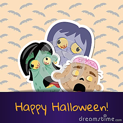 Happy Halloween poster with cute zombie heads Cartoon Illustration