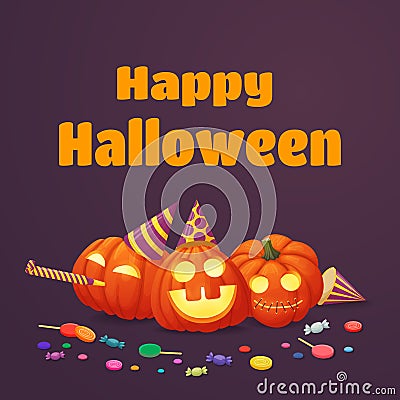 Happy halloween poster design. Exited pumpkins in party hats with sweets. Vector Illustration