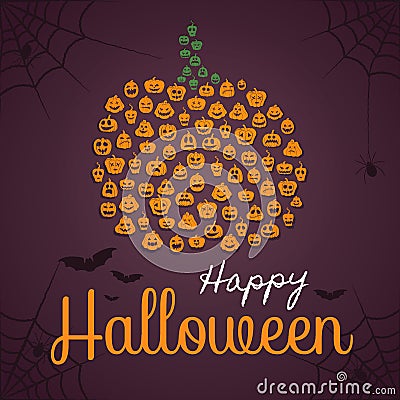 Happy Halloween poster, greeting card template. Pumpkin shape composed of pumpkin silhouettes with different expressions. Spiders, Vector Illustration