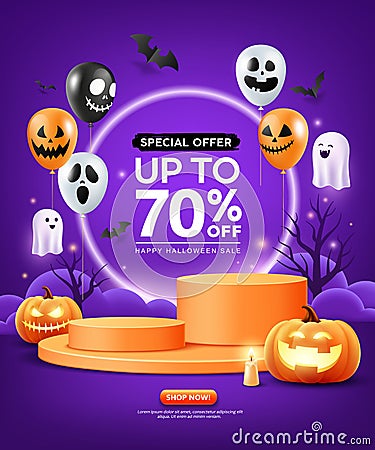 Happy Halloween, pruple three overlapping podiums, pumpkin poster flyer design on purple background Vector Illustration