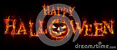 Happy Halloween - Pumpkin In Flamed Text Banner Stock Photo