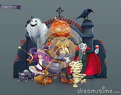Happy Halloween. Pumpkin scarecrow, witch, mummy, vampire. 3d vector illustration Vector Illustration
