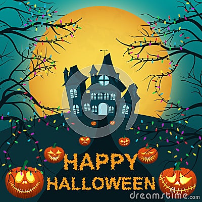 Happy Halloween. Pumpkins along the road on the way to the castle with a party. Spooky tree branches with garlands. Vector Illustration