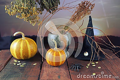 Happy Halloween, pumpkins, mortar, healing plants, witch hat and dry branches on sunset background, composition Stock Photo