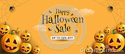 Three scary halloween pumpkins with faces on a yellow background with bats Vector Illustration