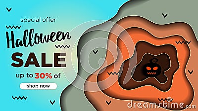 Happy Halloween sale banner or discount background with paper cut effect. Vector Illustration