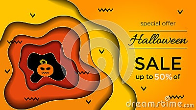 Happy Halloween sale banner or discount background with paper cut effect. Vector Illustration