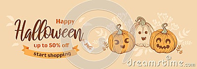 Happy halloween sale. Bright horizontal banner in sketchy style, vintage earthy tones. Jack o lantern. Pumpkin with Vector Illustration