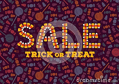 Happy Halloween sale typography poster. Holiday advertisement lettering. Candy corn text effect. Trick or treat backdrop Vector Illustration